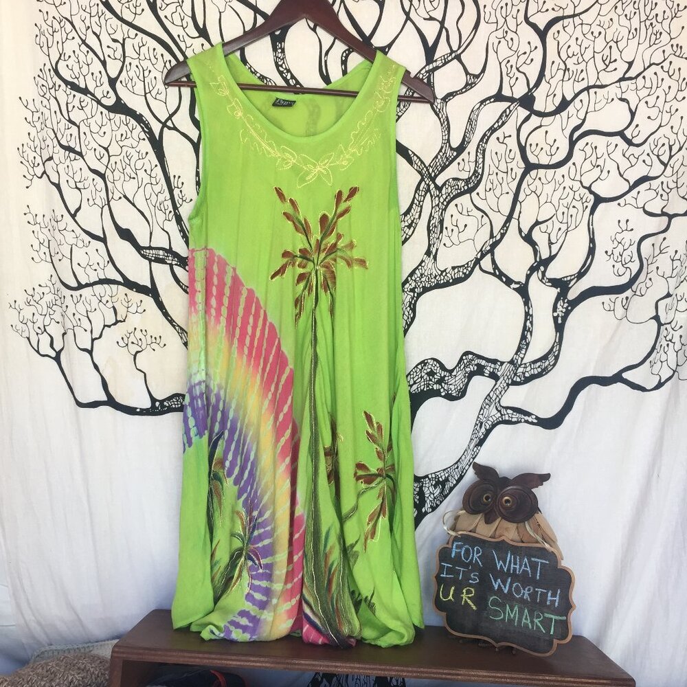 Green Tie-Dye Sleeveless Midi Dress | Size One Size | Boho Summer Chic